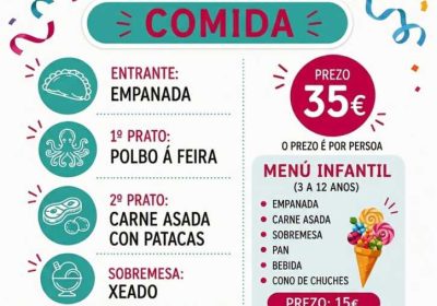 Cartel del xantar Festigual 2026 en Nantón, Cabana de Bergantiños, con menú y precios para el 26 de septiembre de 2026