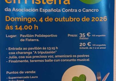 Cartel de la comida solidaria en Fisterra a beneficio de la Asociación Española Contra el Cáncer, el 4 de octubre de 2026.
