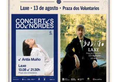 Cartel del concierto doble de Antía Muiño y Budiño en la Praza dos Voluntarios de Laxe