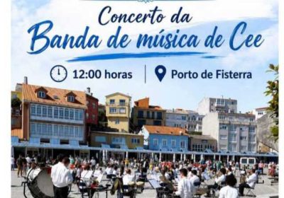 Cartel del concierto de la Banda de Música de Cee por el Día de Galicia en el puerto de Fisterra el 25 de julio de 2026