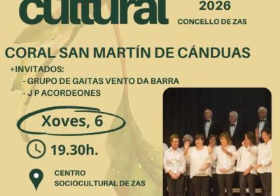Cartel do concerto da Coral San Martín de Cánduas na Semana Cultural de Zas 2026