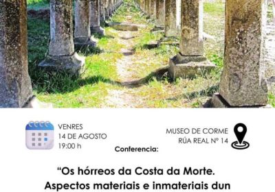 Cartel de la conferencia sobre los hórreos de la Costa da Morte en el Museo de Corme