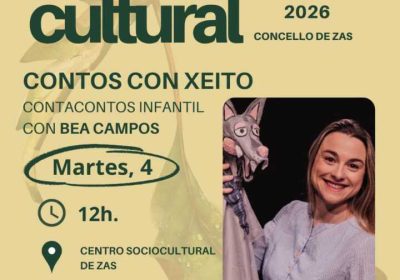 Cartel de Contos con xeito, sesión de contacontos infantil con Bea Campos en Zas