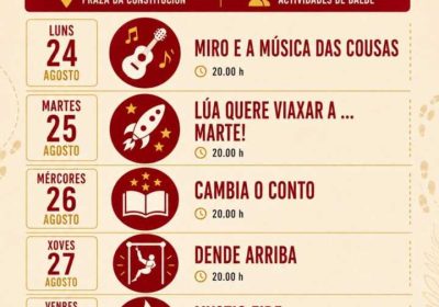 Cartel de Cultura no Camiño Verán 2026 en Cee, del 24 al 28 de agosto en la Praza da Constitución