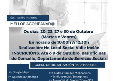 Cartel do curso de dixitalización para maiores en Laxe, con datas do 20, 23, 27 e 30 de outubro e horario de 10:00 a 12:30 no Local Social Valle Inclán.
