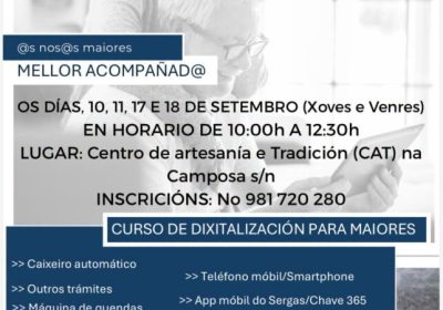 Cartel del curso de digitalización para personas mayores Mellor Acompañad@ en Buño, Malpica, septiembre de 2026