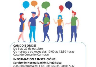 Cartel del curso de introducción a la lengua y cultura gallegas en Carnota, del 6 al 29 de octubre de 2026