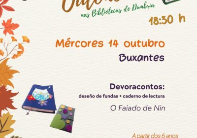 Cartel de Outono nas Bibliotecas de Dumbría: Devoracontos, 14 de outubro ás 18:30 en Buxantes.