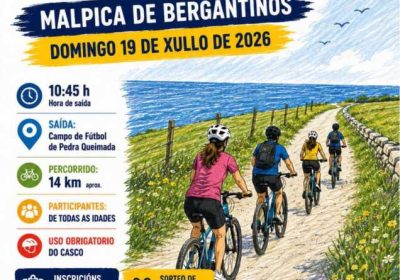 Cartel del Día da Bicicleta en Malpica de Bergantiños, el domingo 19 de julio de 2026, con salida desde el Campo de Fútbol de Pedra Queimada.