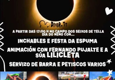 Cartel del Día del Niño en el Campo dos Seixos de Tella, con hinchables, fiesta de la espuma y animación el 12 de agosto de 2026