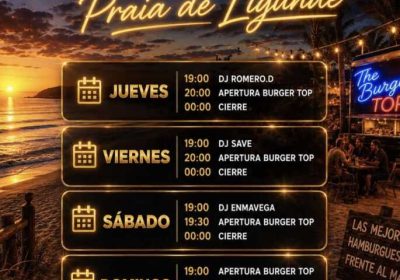 Cartel de sesiones con DJ y hamburguesas en el parking del chiringuito de la Praia de Lingunde, Camariñas