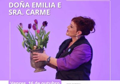 Cartel do espectáculo de narración oral Dona Emilia e Sra. Carmen con Cris de Caldas en Coristanco o 16 de outubro de 2026.