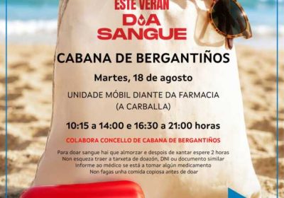 Cartel de la campaña de donación de sangre en Cabana de Bergantiños el 18 de agosto de 2026, junto a la farmacia de A Carballa