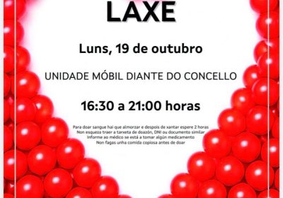 Cartel de doazón de sangue en Laxe o 19 de outubro de 2026, de 16:30 a 21:00 horas diante da Casa do Concello