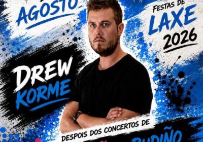 Cartel de Drew Korme nas Festas de Laxe 2026, o 13 de agosto despois dos concertos de Antía Muiño e Budiño