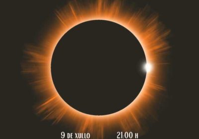 Cartel de la charla divulgativa Eclipse: no linde entre o total e o parcial, el 9 de julio de 2026 a las 21:00 h en Cabana de Bergantiños.