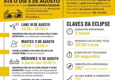 Cartel de la programación del eclipse solar total de agosto de 2026 en Faro Roncudo, Corme-Porto, Ponteceso