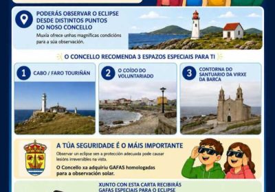Cartel informativo do eclipse total de sol do 12 de agosto de 2026 en Muxía