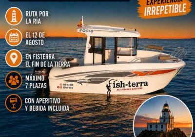 Cartel de la salida en lancha privada para ver el eclipse total de sol desde Fisterra