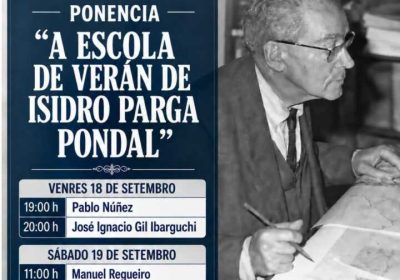 Cartel de la Escola de Verán de Isidro Parga Pondal en el Museo do Mar de Laxe, 18 y 19 de septiembre de 2026