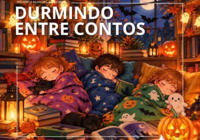 Cartel de Durmindo entre contos, noche literaria Esperta na Biblioteca en Coristanco, del 23 al 24 de octubre de 2026.