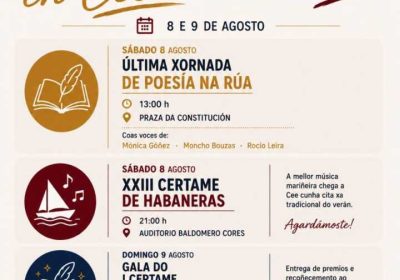 Cartel Este fin de semana en Cee, con actividades culturales los días 8 y 9 de agosto