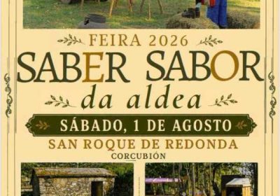 Cartel de la Feira Saber Sabor da Aldea 2026 en San Roque de Redonda, Corcubión, el 1 de agosto