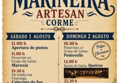 Cartel de la Feira Mariñeira Artesá de Corme, con puestos, música tradicional, verbena y proyección documental
