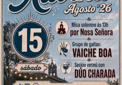 Cartel de la Festa do 15 de agosto 2026 en Xaviña con misa solemne, música y torneo de fútbol