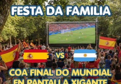 Cartel de la Festa da Familia en la Carballeira de Berdeogas, Dumbría, con la final del Mundial de fútbol en pantalla gigante el 19 de julio de 2026