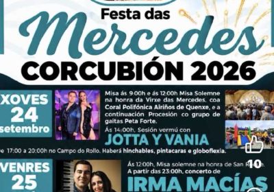 Cartel de la Festa das Mercedes 2026 en Corcubión, con programa religioso, música, verbena y actividades infantiles