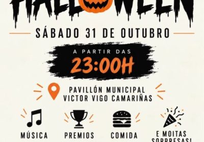 Cartel de la Festa de Halloween 2026 en Camariñas, sábado 31 de outubro no Pavillón Municipal Víctor Vigo