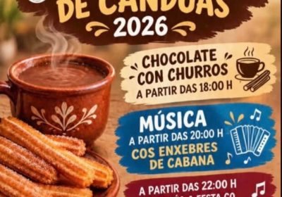 Cartel de la Festa do Chocolate de Canduas 2026, con chocolate con churros y actuaciones musicales.