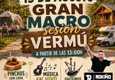 Cartel de la fiesta en honor a Santa María en el Complejo Turístico Santa María de Brandoñas, el 15 de agosto, con macro sesión vermú, música en vivo, gaiteiros y DJ Rokiño.
