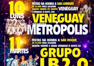 Cartel de las Fiestas de Agualada 2026, los días 10 y 11 de agosto, con Veneguay, Orquesta Metrópolis y Grupo LB 2.0.