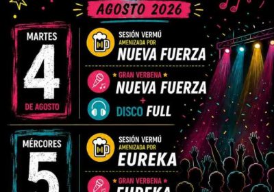 Cartel de las fiestas de Artes 2026 en Carballo, los días 4 y 5 de agosto, con Nueva Fuerza, Eureka y Disco Full