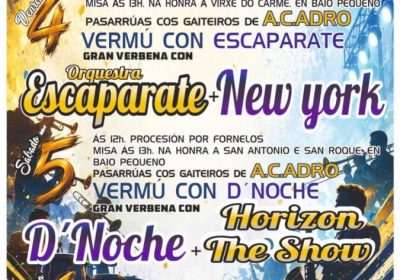 Cartel das Festas de Baio 2026, do 4 ao 6 de setembro, con verbenas, sesións vermú, misas e procesión