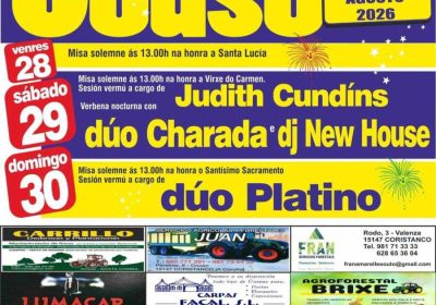 Cartel de las Fiestas de Couso 2026, en la parroquia de Couso de Coristanco, del 28 al 30 de agosto, con Judith Cundíns, dúo Charada, DJ New House y dúo Platino.