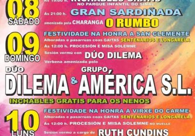Cartel de las Fiestas de O Pindo 2026 en Quilmas y Curra, con actividades infantiles, sardinhada, música, celebraciones religiosas y verbenas.