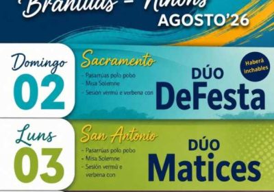 Cartel de las Fiestas del Sacramento de Brantuas-Niñóns 2026, con actuaciones de Dúo DeFesta, Dúo Matices y Grupo Ronsel