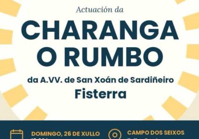 Cartel de las Fiestas en honor al Sacramento de Tella con la actuación de la charanga O Rumbo el 26 de julio de 2026 en Campo dos Seixos, Ponteceso.