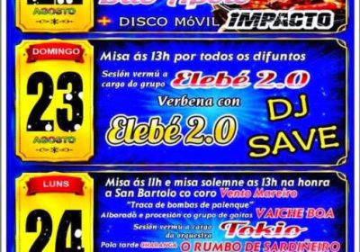 Cartel de las fiestas de San Bartolo de Arou 2026, del 22 al 25 de agosto, con churrascada, misas, sesiones vermú y verbenas.