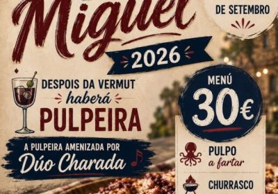 Cartel de las Festas de San Miguel 2026 en Camelle, el 26 de septiembre, con pulpeira, churrasco y música del Dúo Charada