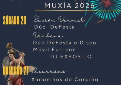 Cartel de las Festas de San Miguel 2026 en Muxía, los días 26 y 27 de septiembre
