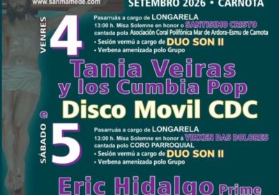 Cartel de las fiestas en honor al Santísimo Cristo en San Mamede, Carnota, del 4 al 6 de septiembre de 2026
