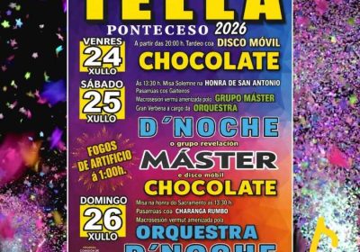 Cartel de las Fiestas de Tella 2026 en Ponteceso, con actuaciones musicales y actos religiosos