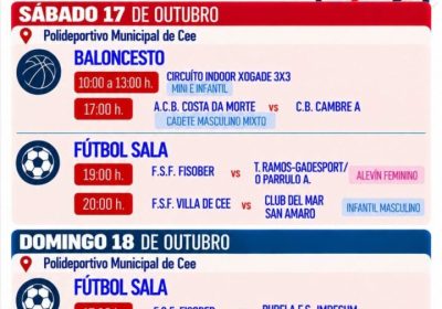 F.S.F. Fisober contra Burela F.S. Imdecum, fútbol sala infantil feminino, domingo 18 de outubro de 2026 ás 17:30 h no Pavillón Municipal de Cee.