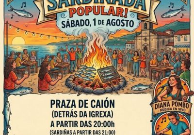 Cartel de la Gran Sardinada Popular en la Praza de Caión con música en directo de Diana Pombo y DJ Turu