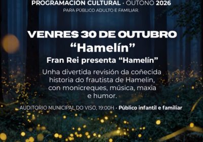 Cartel de Hamelín de Fran Rei, espectáculo familiar en Carnota o 30 de outubro de 2026