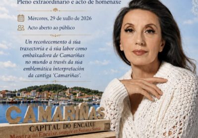 Cartel del pleno extraordinario y acto de homenaje a Luz Casal como Hija Adoptiva de Camariñas, el 29 de julio de 2026.